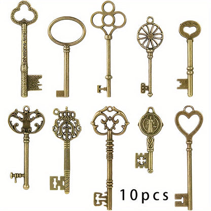10pcs (No Repeat) Vintage Skull Key Set Steampunk Key Pendant, Antique Bronze/Antique Silvery DIY Key Pendant, Suitable for Jewelry Making