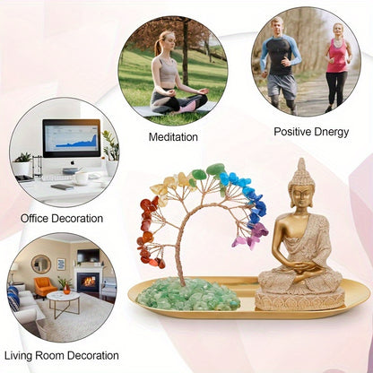 Chakra Crystal Tree and Buddha Statue Set Yoga Meditation Decor Money Tree and Buda Statue for Home Living Room Office Shelf Decor Buda Statues for Decoration Wealth and Luck