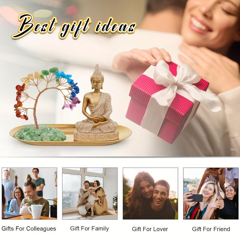 Chakra Crystal Tree and Buddha Statue Set Yoga Meditation Decor Money Tree and Buda Statue for Home Living Room Office Shelf Decor Buda Statues for Decoration Wealth and Luck