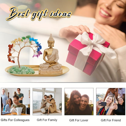 Chakra Crystal Tree and Buddha Statue Set Yoga Meditation Decor Money Tree and Buda Statue for Home Living Room Office Shelf Decor Buda Statues for Decoration Wealth and Luck