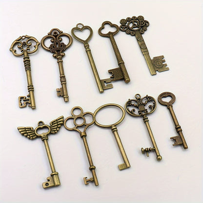 10pcs (No Repeat) Vintage Skull Key Set Steampunk Key Pendant, Antique Bronze/Antique Silvery DIY Key Pendant, Suitable for Jewelry Making