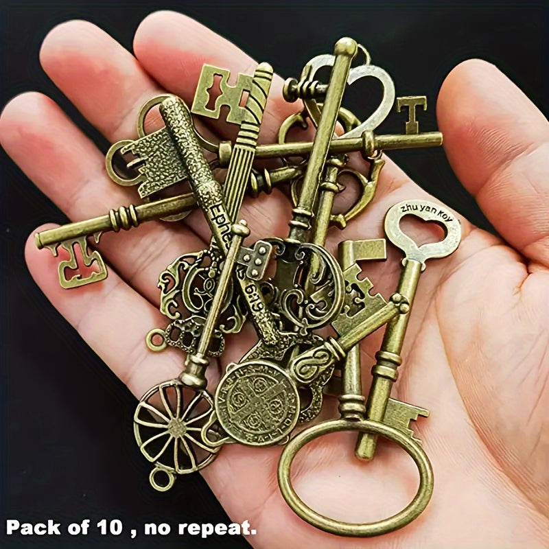 10pcs (No Repeat) Vintage Skull Key Set Steampunk Key Pendant, Antique Bronze/Antique Silvery DIY Key Pendant, Suitable for Jewelry Making