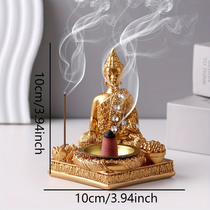 1pc Elegant Golden Buddha Incense Burner with Diamond Accents - Resin, Square Base, for Lotus Design for Living Room & Entryway Decor, Indoor Use, No Electricity Required, Zen Home Decor