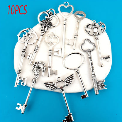 10pcs (No Repeat) Vintage Skull Key Set Steampunk Key Pendant, Antique Bronze/Antique Silvery DIY Key Pendant, Suitable for Jewelry Making