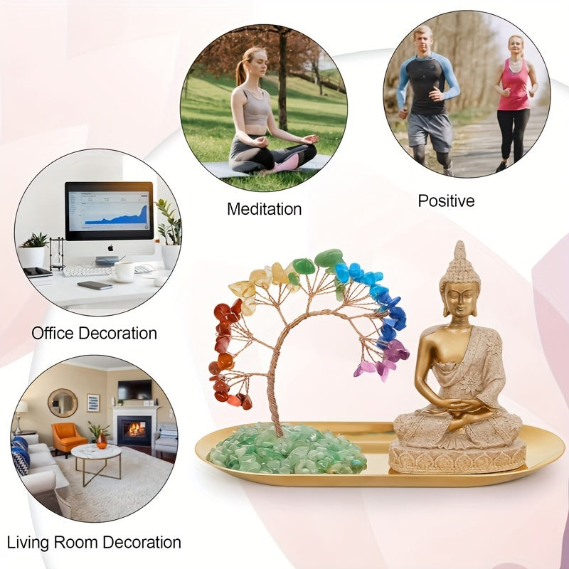 Chakra Crystal Tree and Buddha Statue Set Yoga Meditation Decor Money Tree and Buda Statue for Home Living Room Office Shelf Decor Buda Statues for Decoration Wealth and Luck