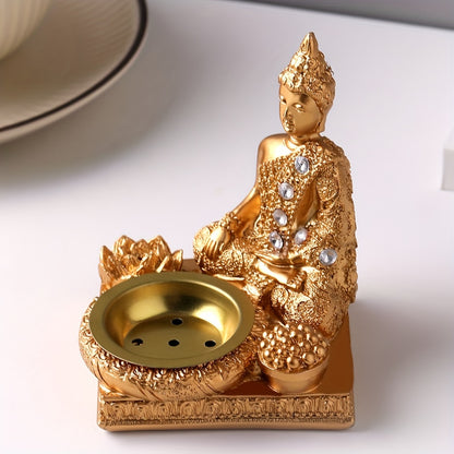 1pc Elegant Golden Buddha Incense Burner with Diamond Accents - Resin, Square Base, for Lotus Design for Living Room & Entryway Decor, Indoor Use, No Electricity Required, Zen Home Decor