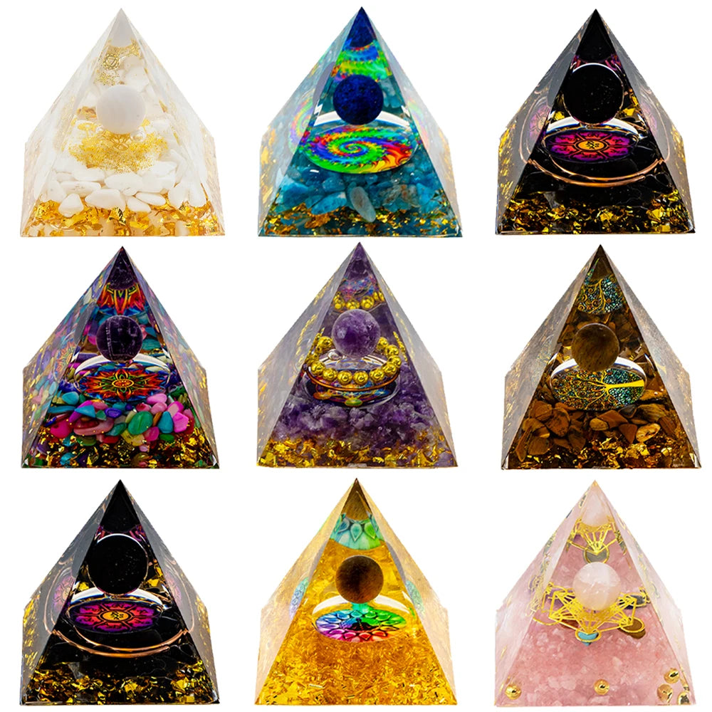 Natural Crystal Energy Generator Pyramid Peridot Amethyst Reiki Healing Chakra Resin Pyramid Egyptian Decor Room Decoration 1pc