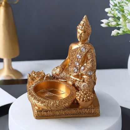 1pc Elegant Golden Buddha Incense Burner with Diamond Accents - Resin, Square Base, for Lotus Design for Living Room & Entryway Decor, Indoor Use, No Electricity Required, Zen Home Decor