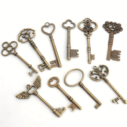 10pcs (No Repeat) Vintage Skull Key Set Steampunk Key Pendant, Antique Bronze/Antique Silvery DIY Key Pendant, Suitable for Jewelry Making