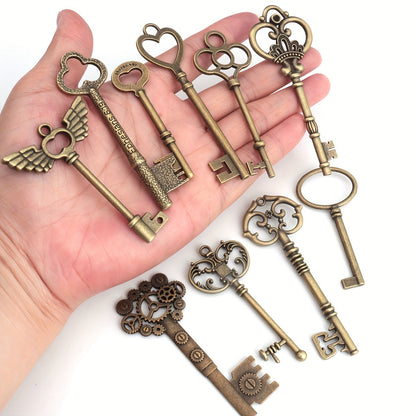 10pcs (No Repeat) Vintage Skull Key Set Steampunk Key Pendant, Antique Bronze/Antique Silvery DIY Key Pendant, Suitable for Jewelry Making