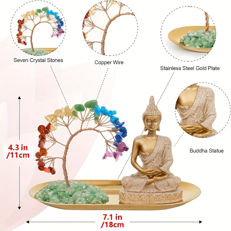 Chakra Crystal Tree and Buddha Statue Set Yoga Meditation Decor Money Tree and Buda Statue for Home Living Room Office Shelf Decor Buda Statues for Decoration Wealth and Luck