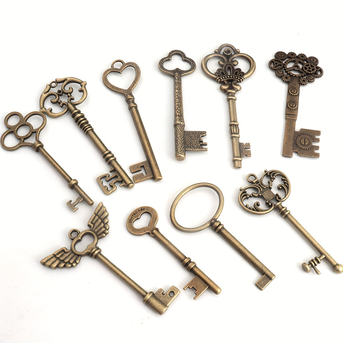 10pcs (No Repeat) Vintage Skull Key Set Steampunk Key Pendant, Antique Bronze/Antique Silvery DIY Key Pendant, Suitable for Jewelry Making