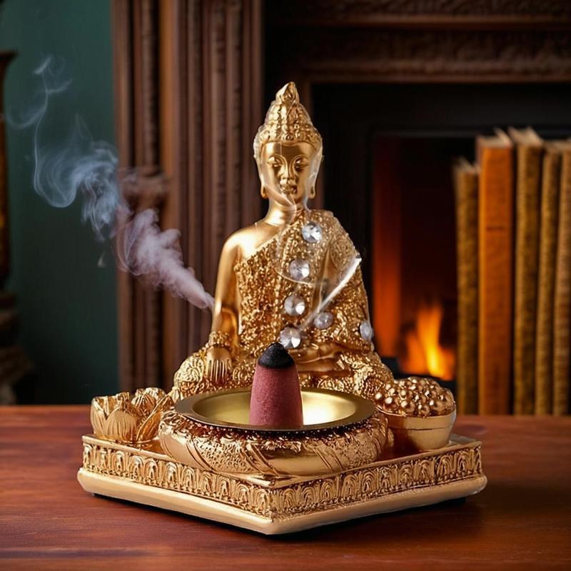 1pc Elegant Golden Buddha Incense Burner with Diamond Accents - Resin, Square Base, for Lotus Design for Living Room & Entryway Decor, Indoor Use, No Electricity Required, Zen Home Decor